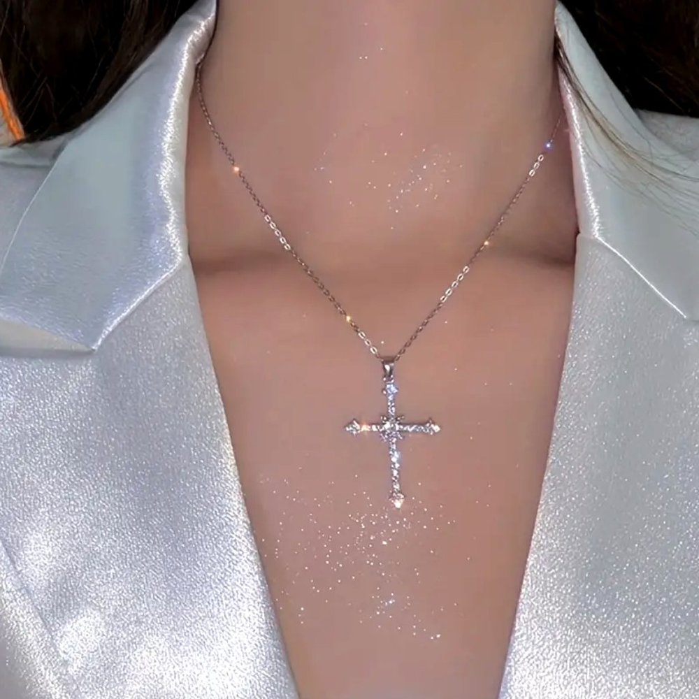 Delicate Cross Pendant Design With Inlaid Zircon • Silver Plated Necklace